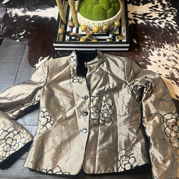 ARMANI COLLEZIONI Gold and Black Floral Print Blazer W Soft Rare Fuzzy Lining - Picture 2 of 11